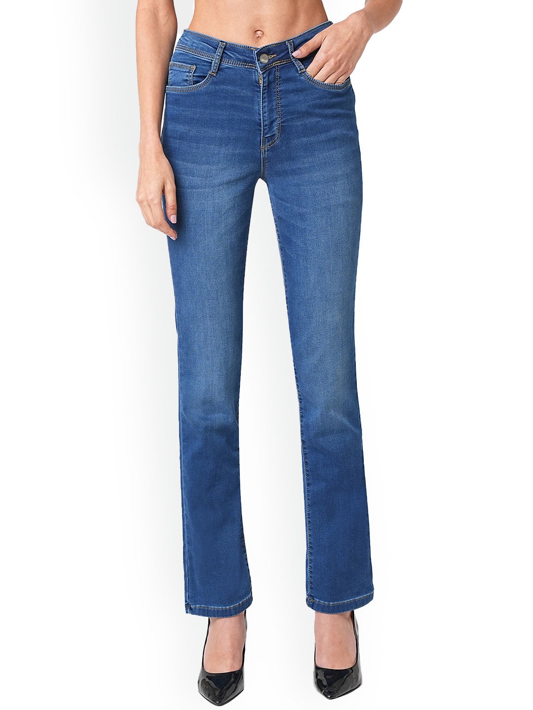 

Kraus Jeans Women Straight Fit High-Rise Light Fade Jeans, Black