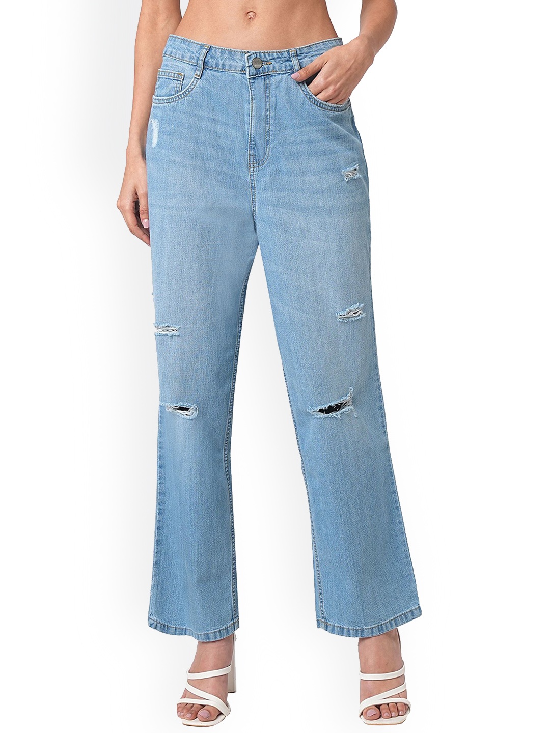 

Kraus Jeans Women Straight Fit High-Rise Mildly Distressed Light Fade Jeans, Blue