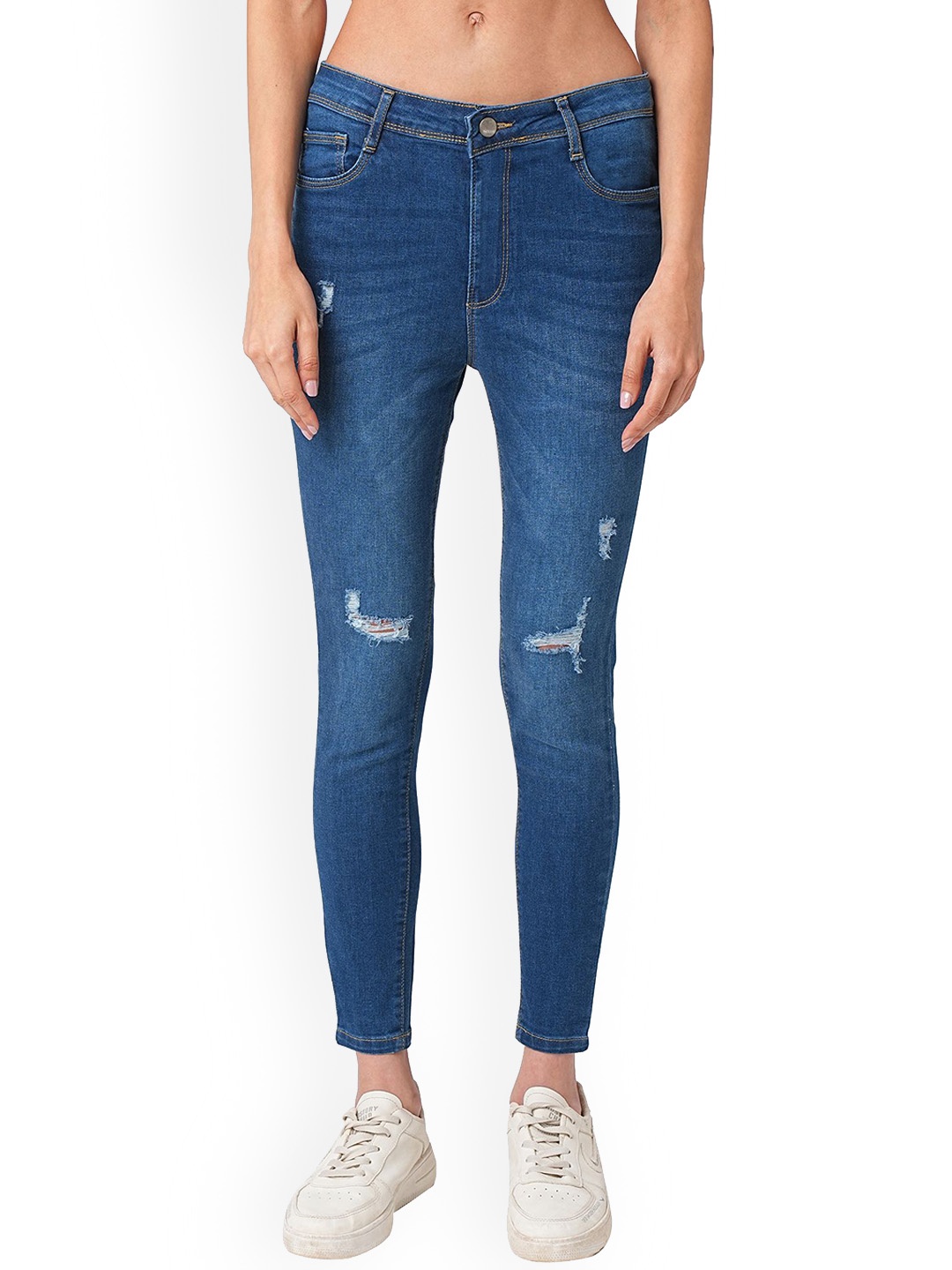 Kraus Jeans Women Skinny Fit High-Rise Mildly Distressed Jeans, Blue