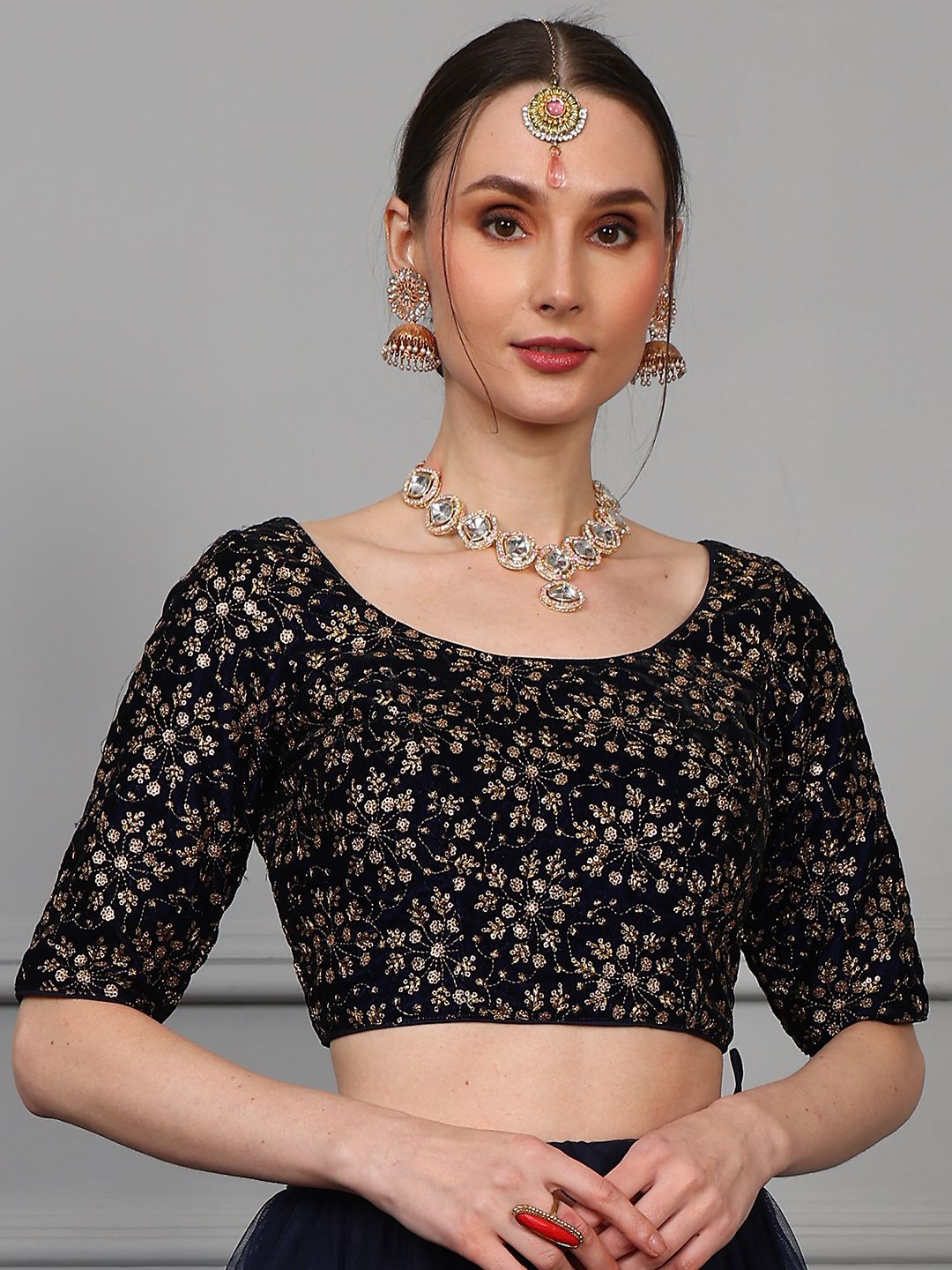 Ethnovog Embroidered Velvet Ready To Wear Blouse, Navy blue