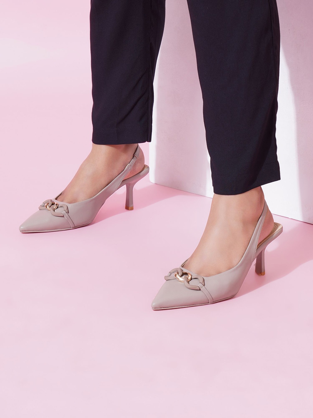 Sherrif Shoes Embellished PU Kitten Heel Pumps, Khaki