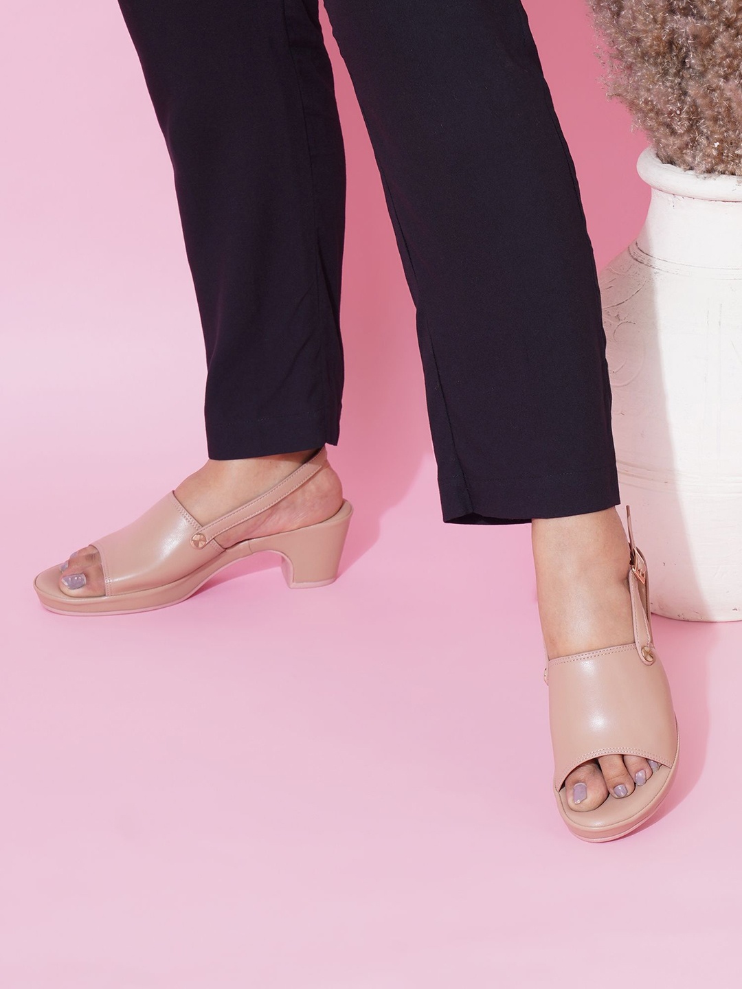 

Sherrif Shoes PU Block Heeled Mules with Buckles, Nude