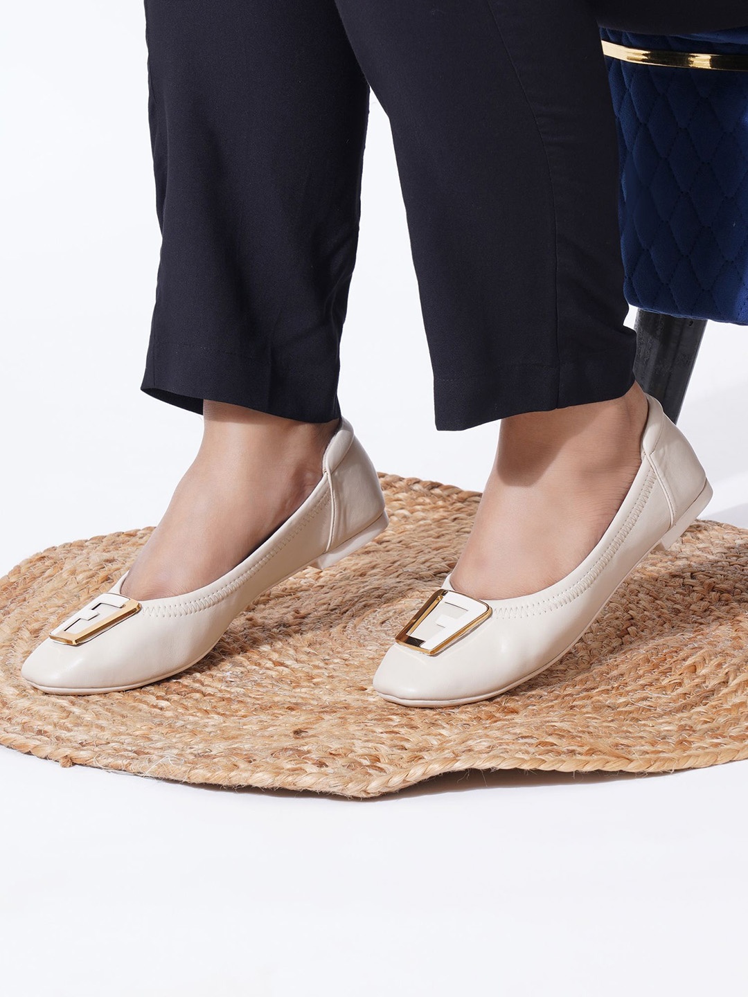 

Sherrif Shoes Women Ballerinas Flats with Western - Embellished, Cream
