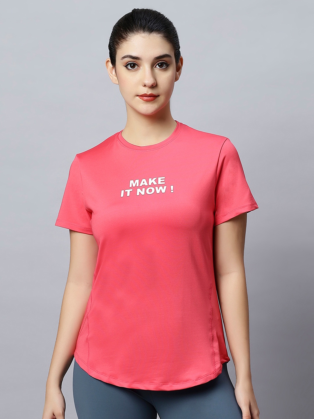 

LAASA SPORTS Women Printed Extended Sleeves Dri-FIT Applique Slim Fit T-shirt, Pink