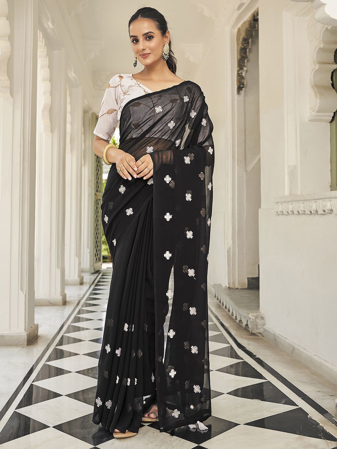 

Mitera Ethnic Motifs Embroidered Pure Georgette Designer Saree, Black