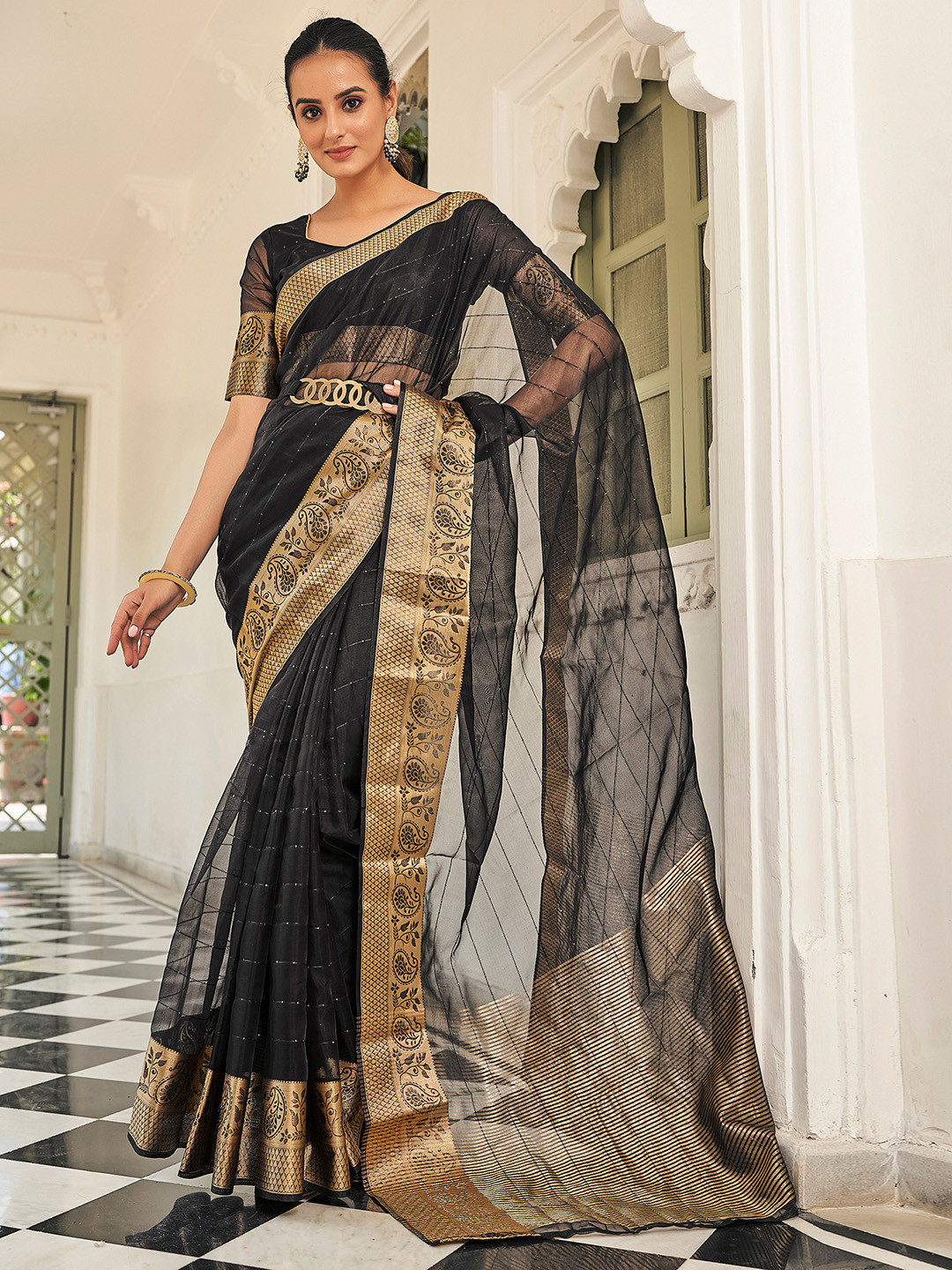 

Mitera Woven Design Zari Organza Banarasi Saree, Black