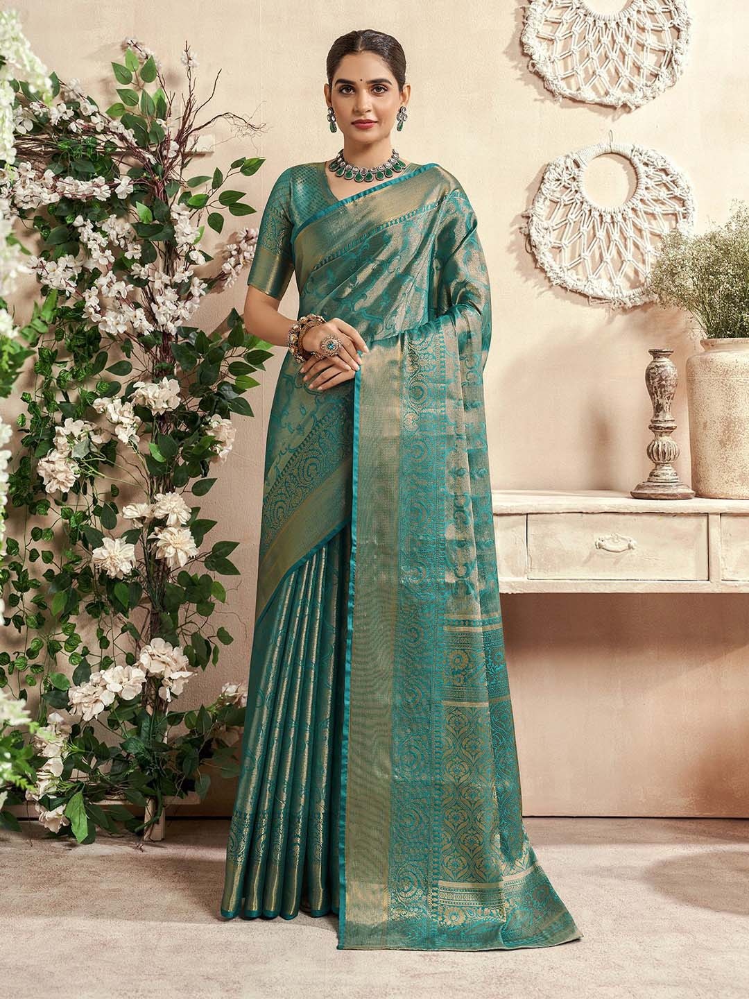 elora Woven Design Zari Silk Blend Dharmavaram Saree, Teal