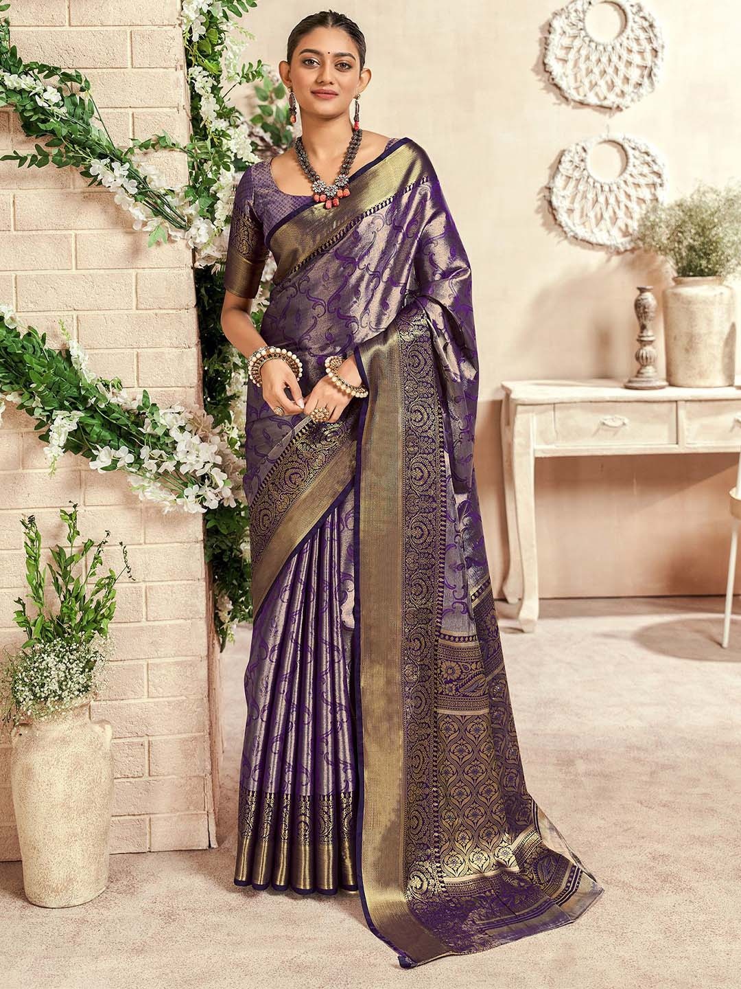 

elora Woven Design Zari Dharmavaram Saree, Blue