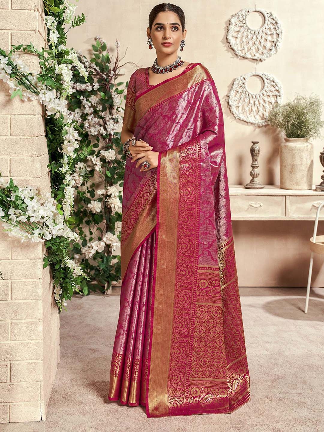 

elora Woven Design Zari Dharmavaram Saree, Pink