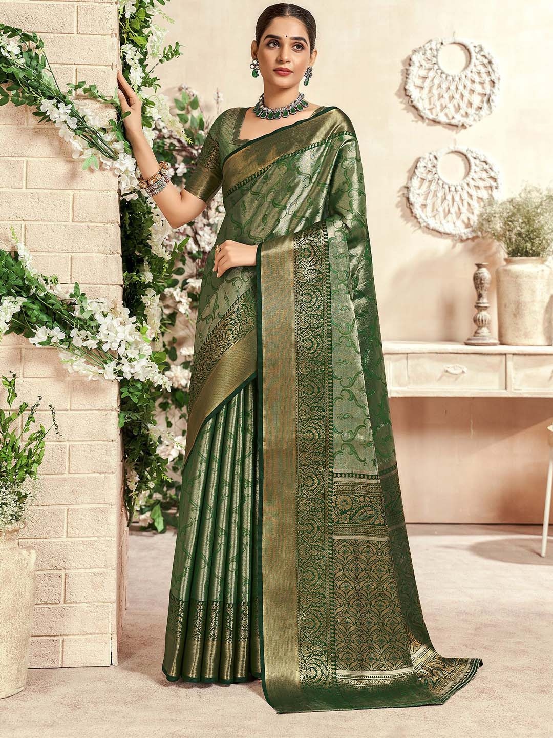 

elora Woven Design Zari Dharmavaram Saree, Green