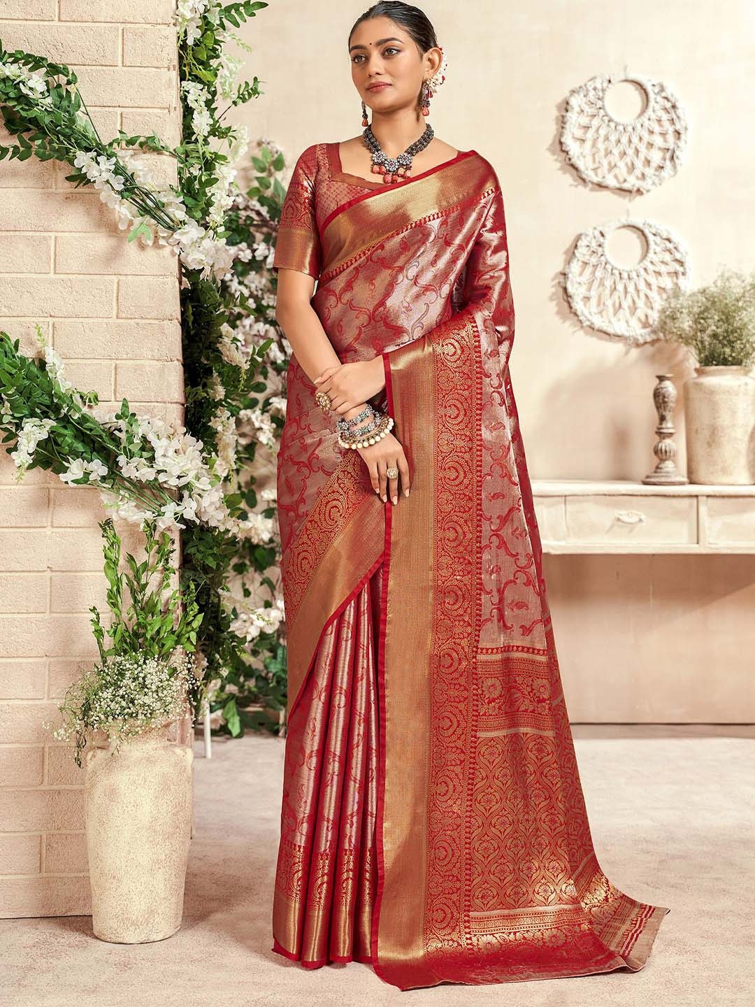 

elora Woven Design Zari Dharmavaram Saree, Red