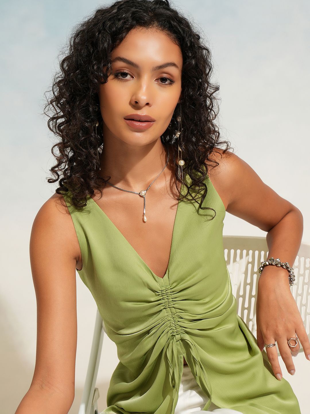 

Tokyo Talkies Tie-Ups V-Neck Ruched Top, Green