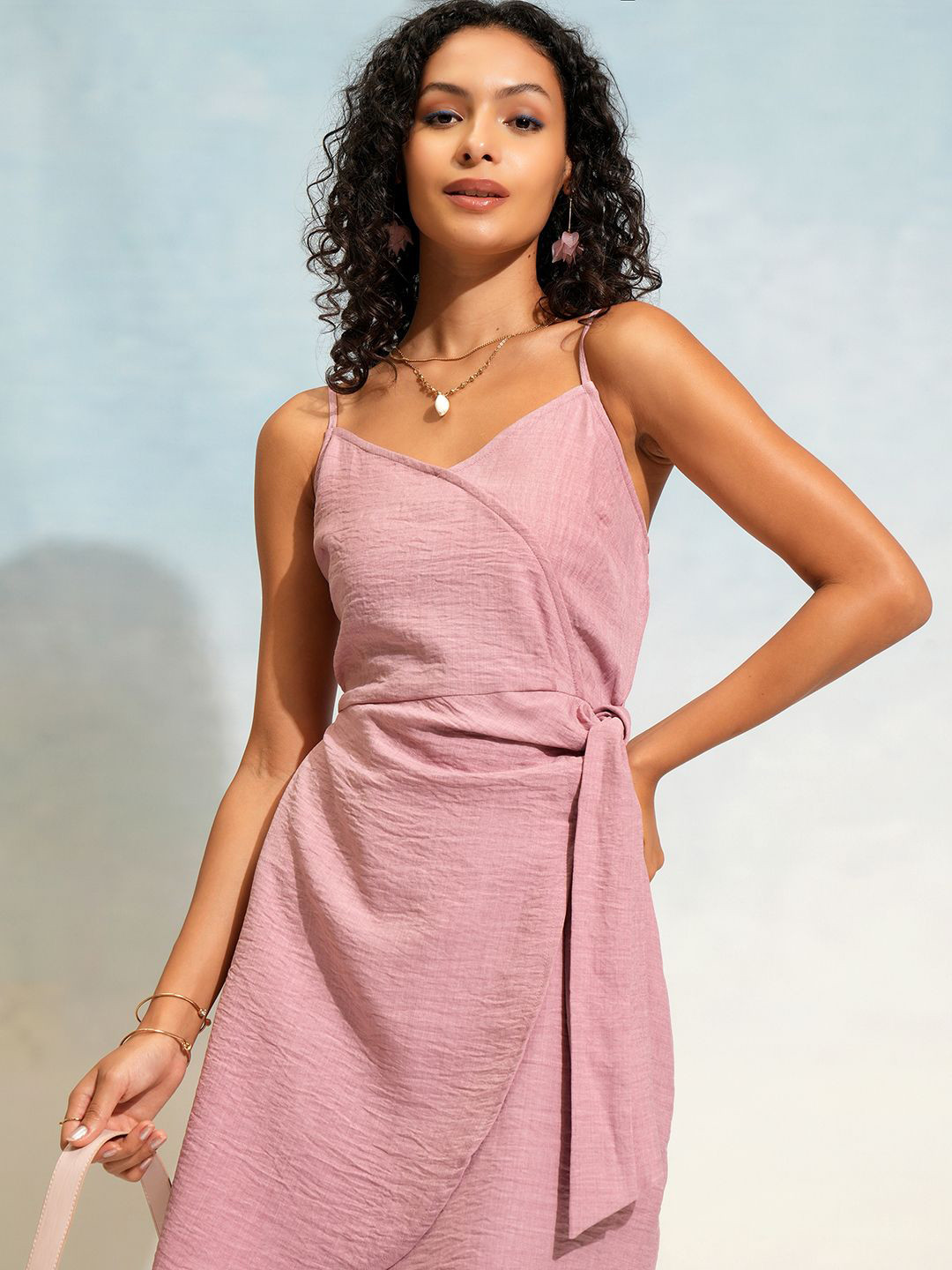 

ESPYR By Tokyo Talkies Shoulder Straps Wrap Dress, Pink