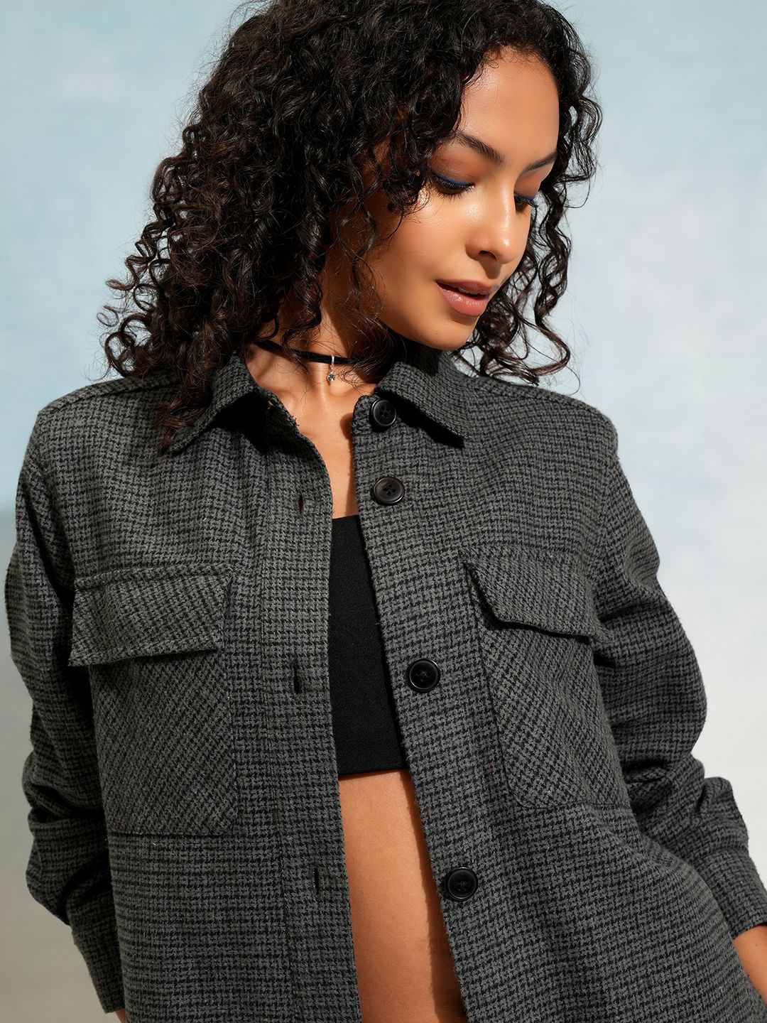

Tokyo Talkies Women Checked Over Shirt, Grey