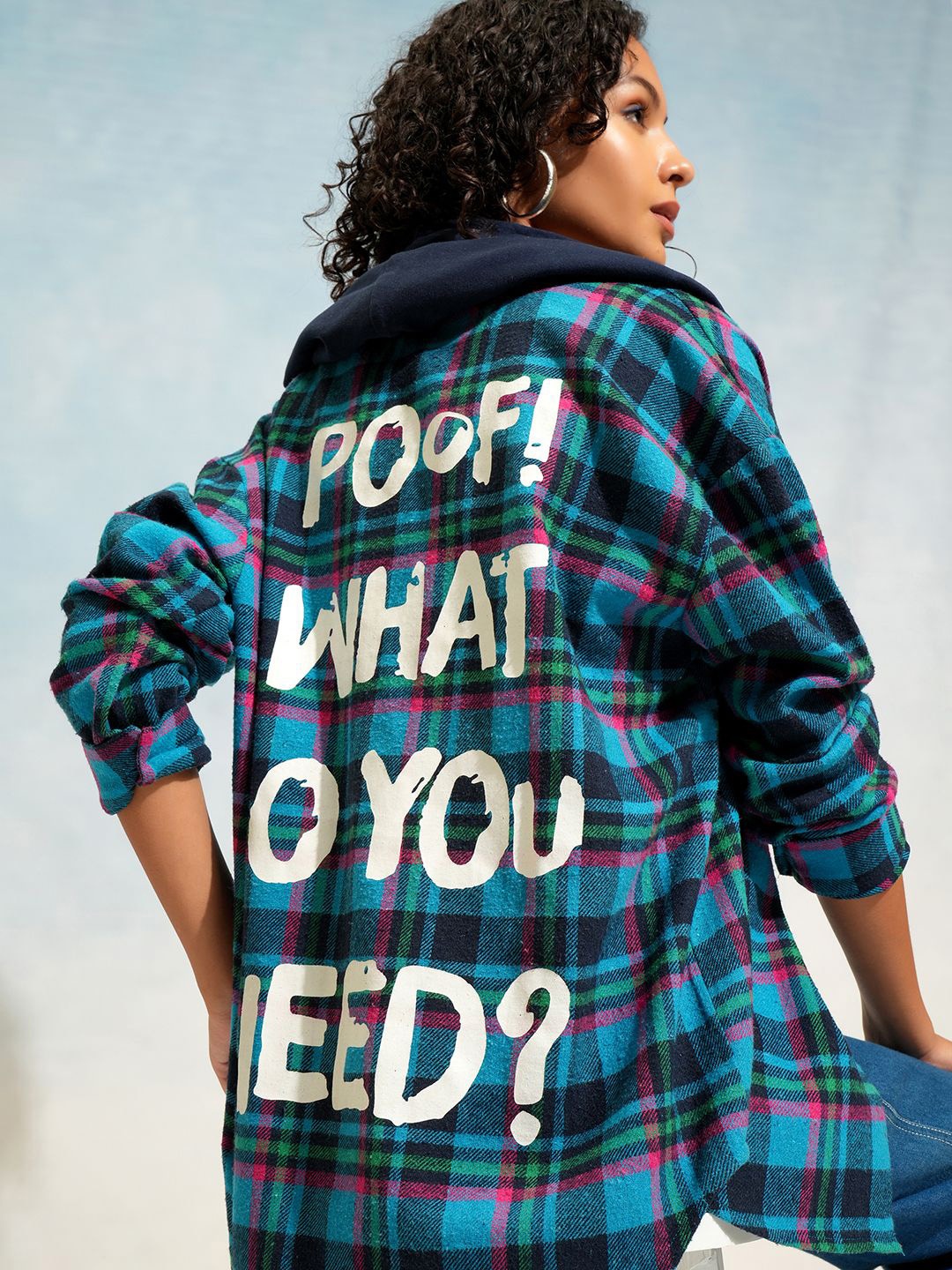 

Tokyo Talkies Women Check Oversize Longline Printed Hoodie Shirt, Blue