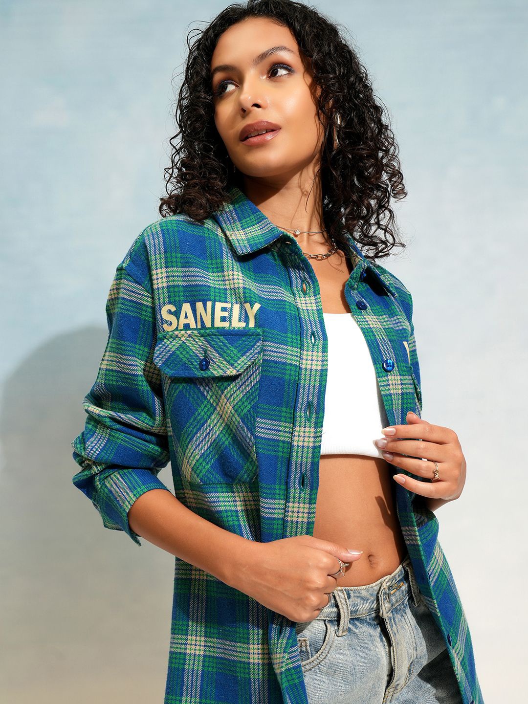 

Tokyo Talkies Women Oversized Longline Check Printed Overshirt, Blue