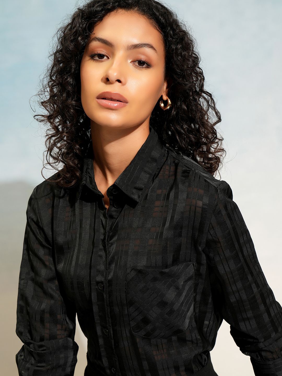 CHIC BY TOKYO TALKIES Women Checked Dobby Button Down Shirt, Black