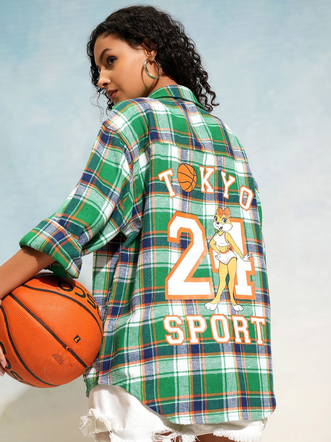 Tokyo Talkies Women Checked Printed Oversized Shirt, Green