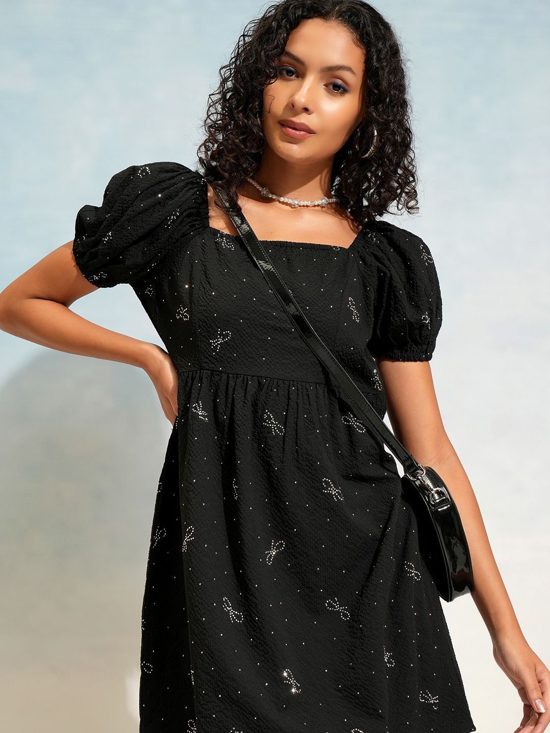 

Tokyo Talkies Embellished Print Puff Sleeve Fit & Flare Mini Dress, Black