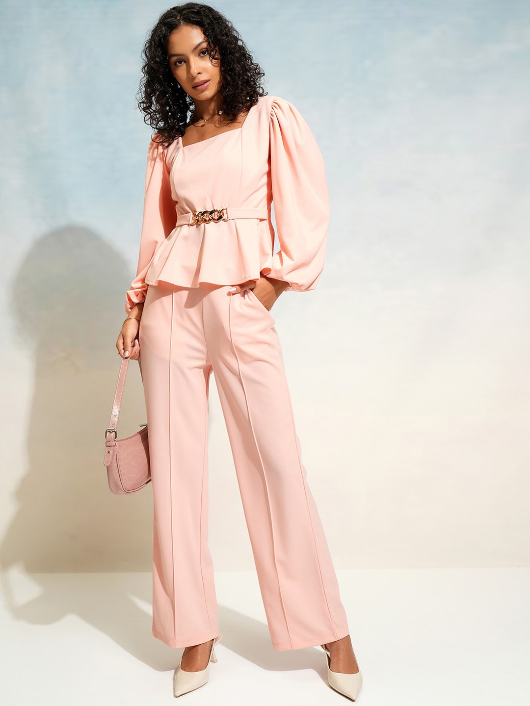 

CHIC BY TOKYO TALKIES Peplum Top & Straight Pant Co-Ord, Pink