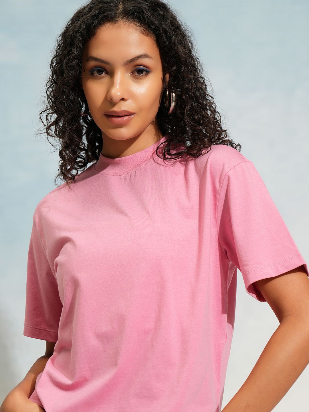 

Basics By Tokyo Talkies Women High Neck Solid Crop T-shirt, Pink