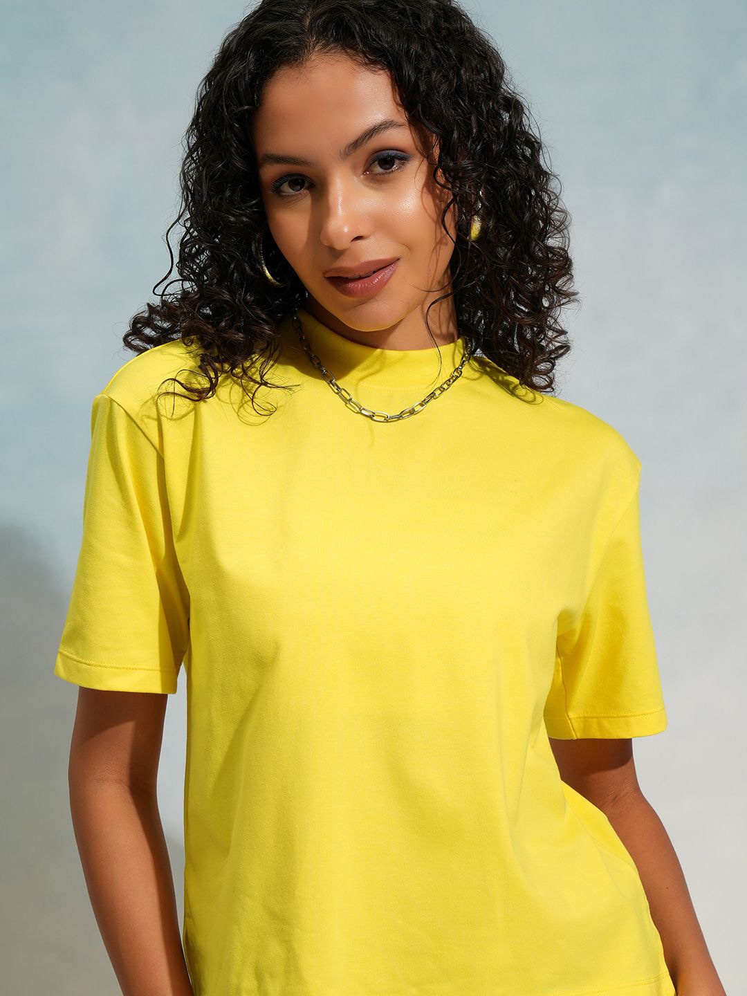 

Basics By Tokyo Talkies Women High Neck Solid Crop T-shirt, Yellow