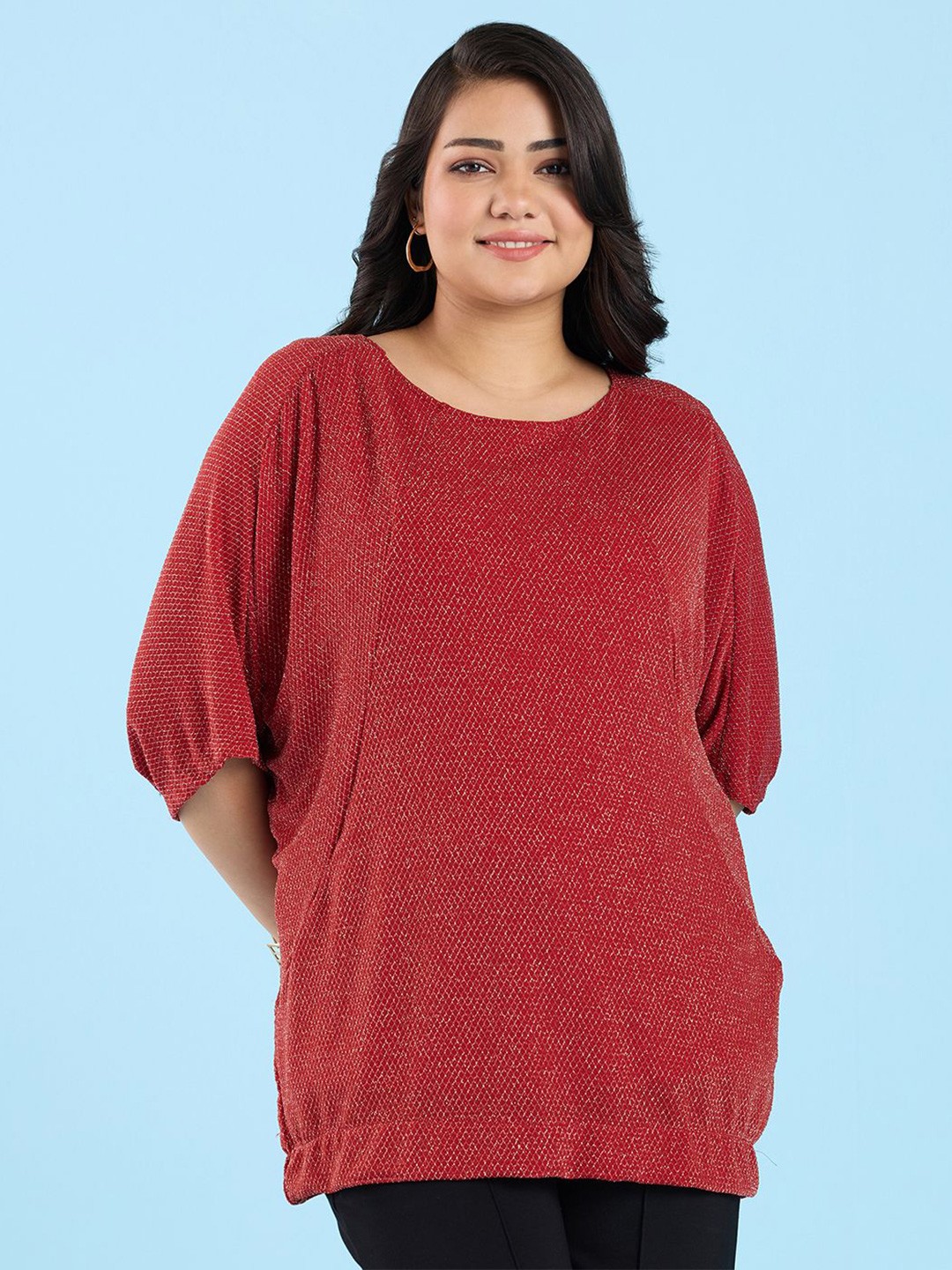 

Big Hello - The Plus Life Self Design Round Neck Top, Red