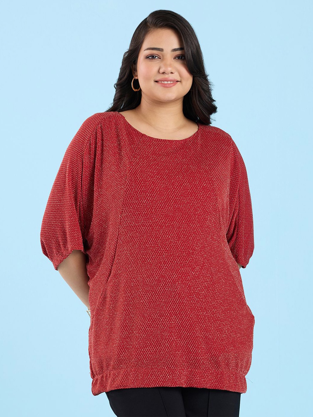 

Big Hello - The Plus Life Self Design Round Neck Top, Red