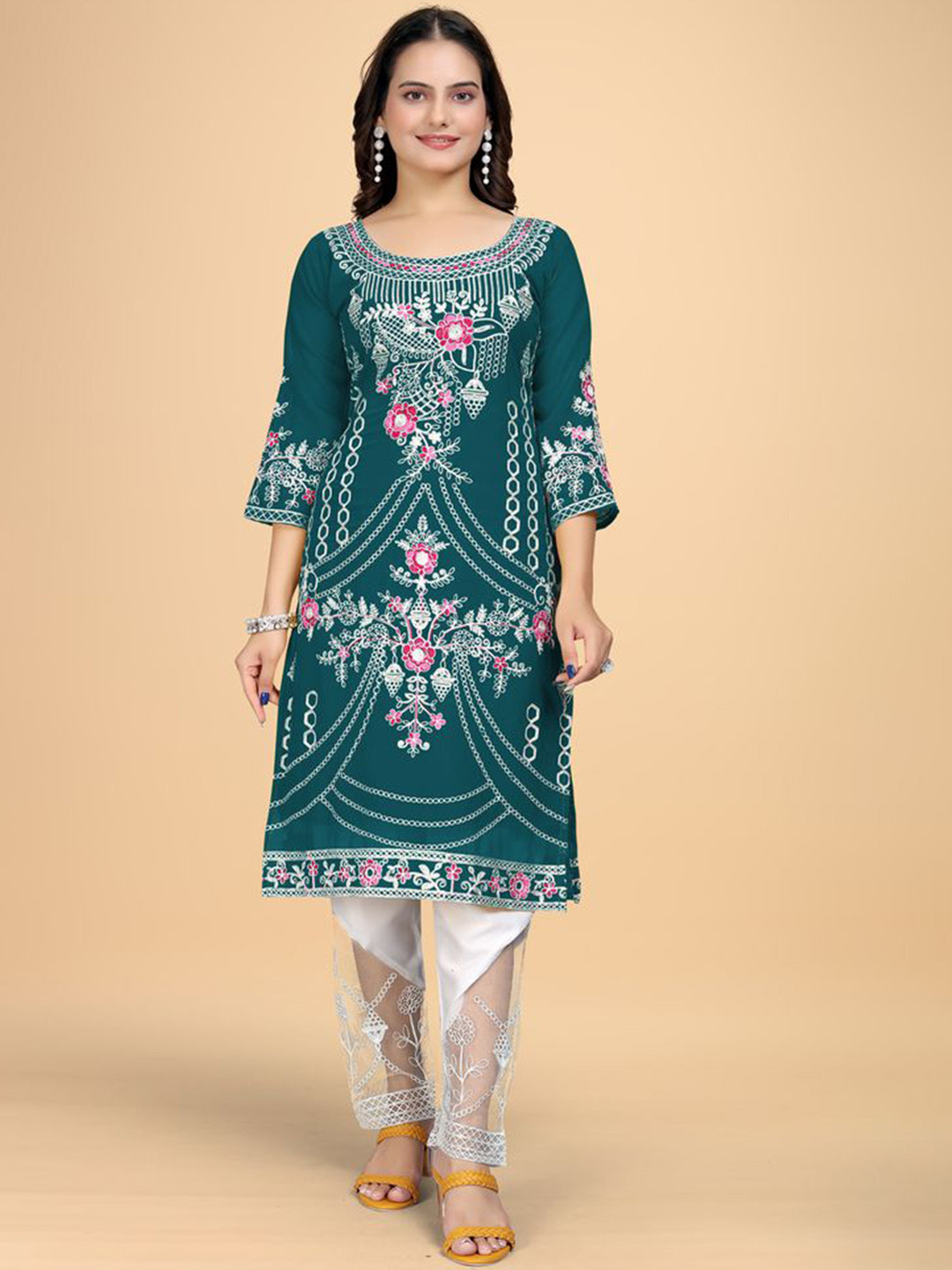 

Fashion FRICKS Women Embroidered Regular Kurta with Trousers, Turquoise blue