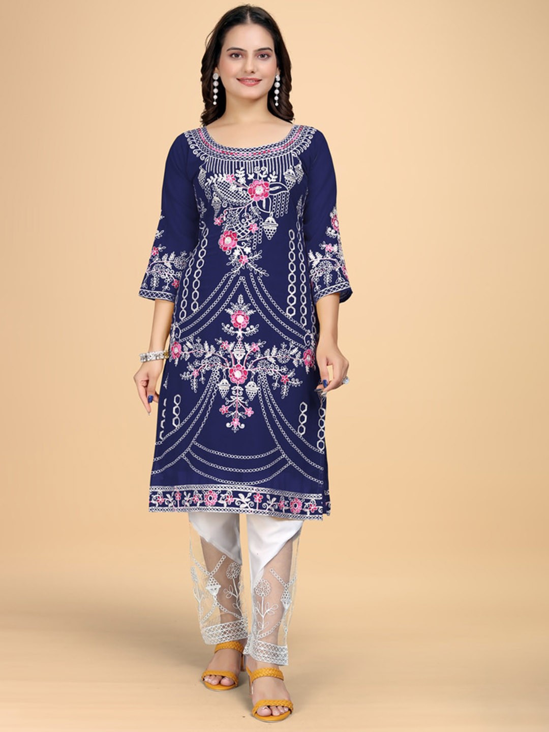 

Fashion FRICKS Women Floral Embroidered Regular Kurti with Trousers, Navy blue