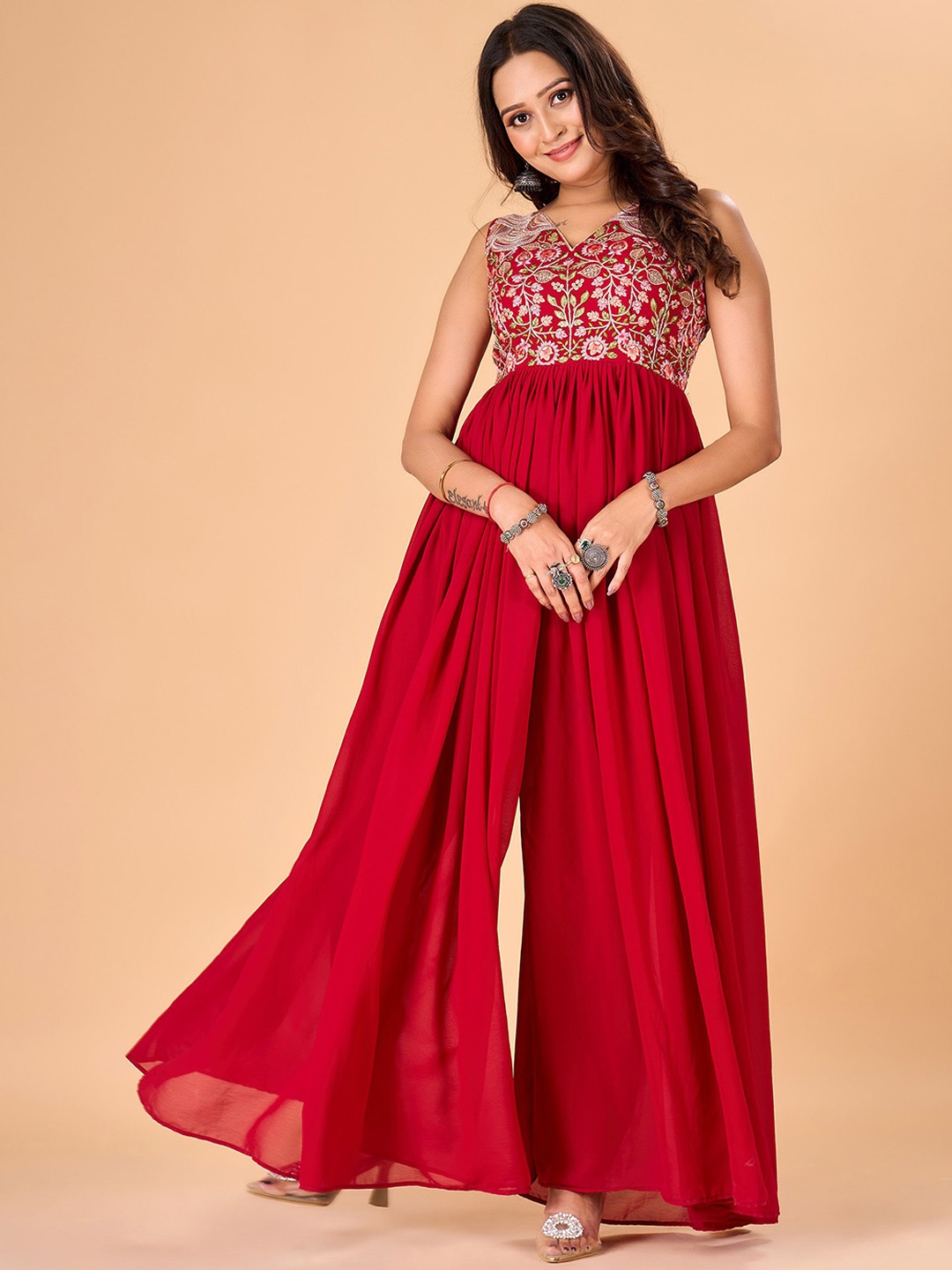 

flaher Embroidered Georgette Maroon Women Maxi Dress