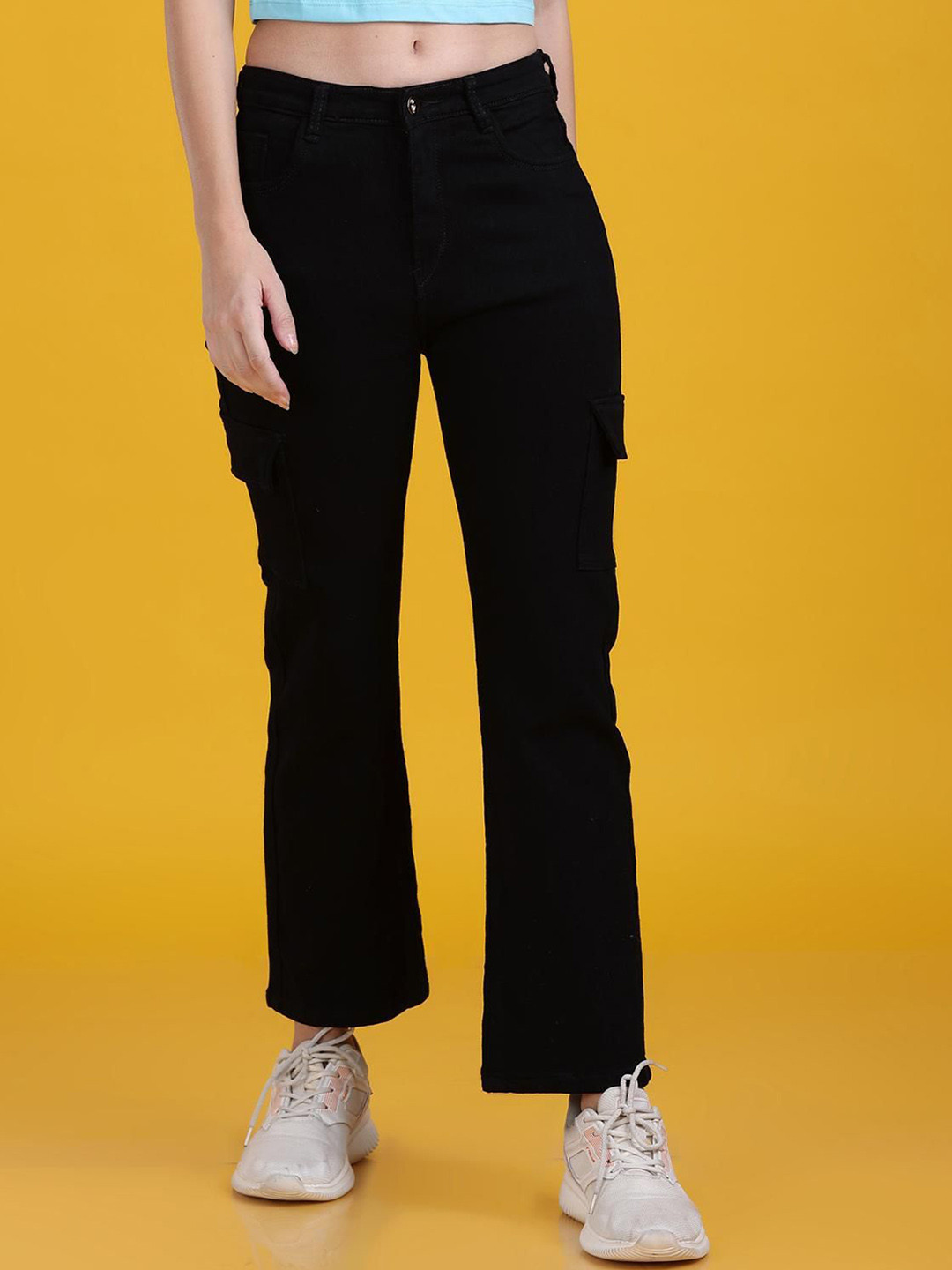 

The Dance Bible Women Straight Fit Highly Distressed Stretchable Cotton Cargo Jeans, Black