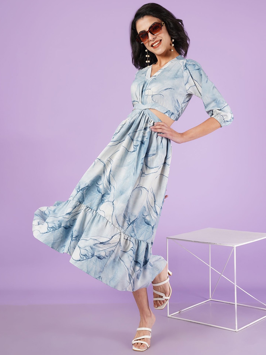 

OTABU Print Crepe Fit & Flare Midi Dress, Grey