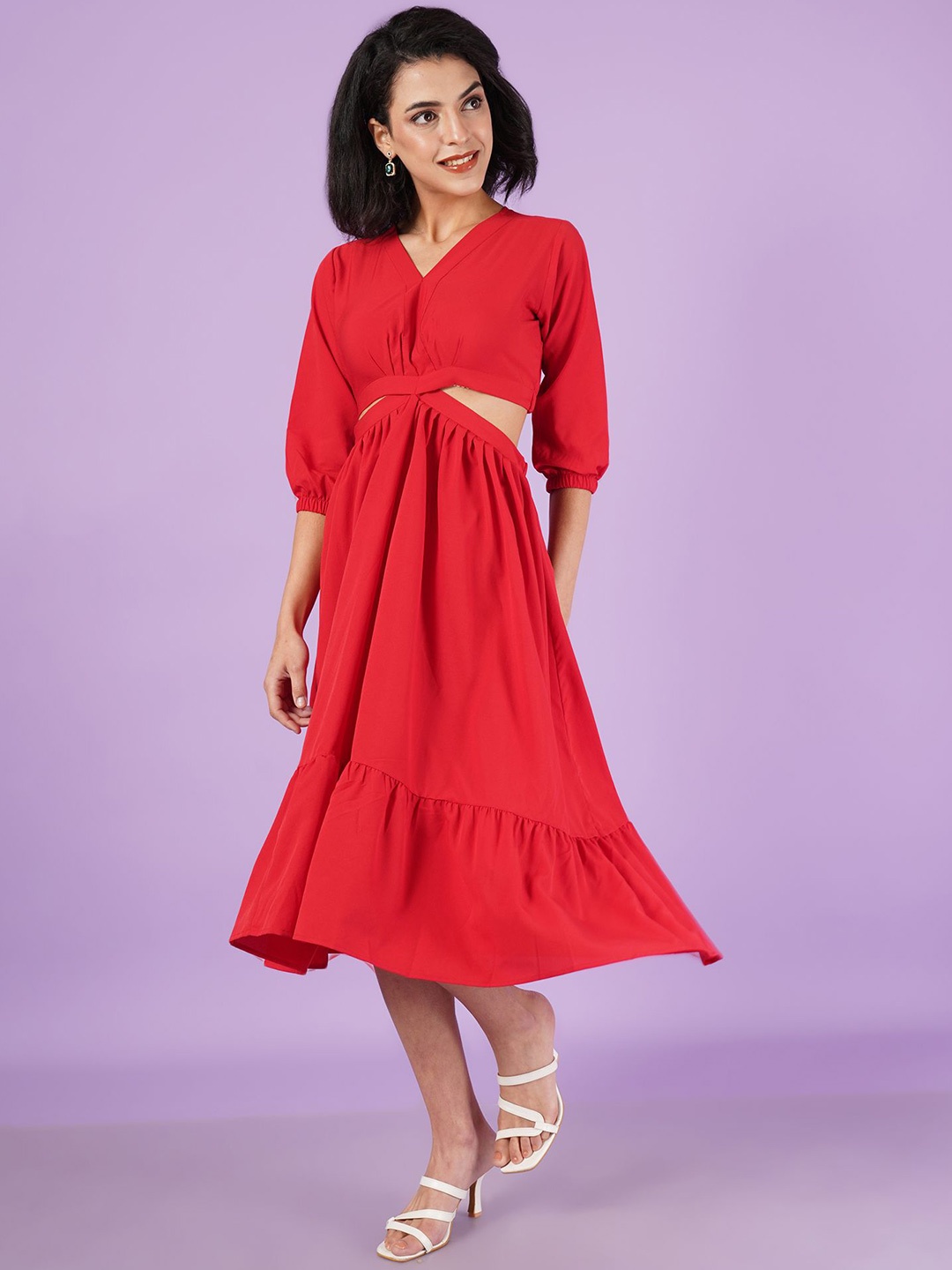 

OTABU Crepe Fit & Flare Midi Dress, Red