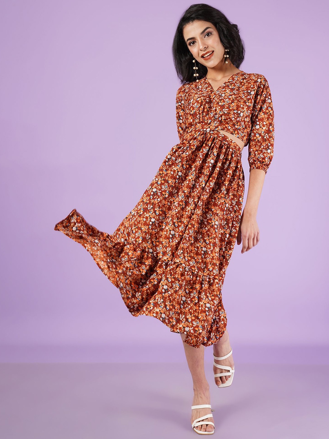 

OTABU Floral Printed Crepe Fit & Flare Midi Dress, Brown