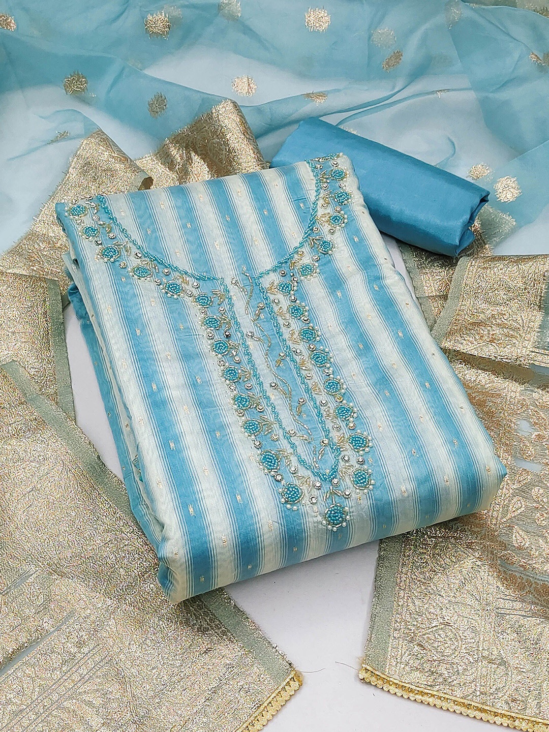 KIMISHA Embellished Unstitched Dress Material, Blue
