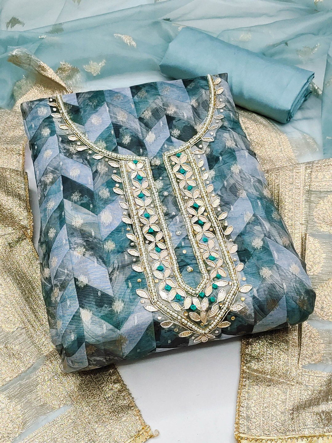 

KIMISHA Women Embellished Organza Unstitched Dress Material, Blue