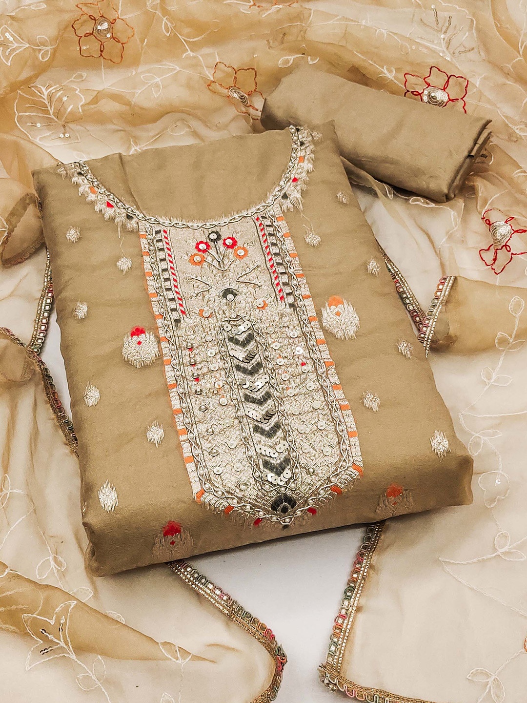 

KIMISHA Women Embroidered Unstitched Dress Material, Beige