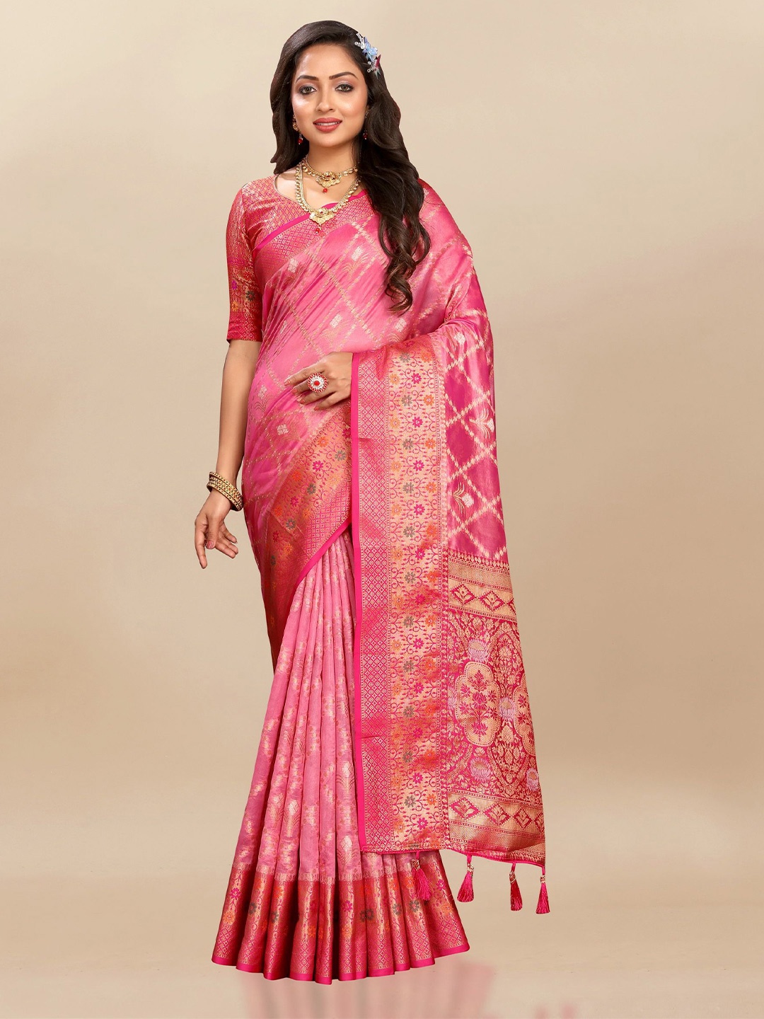 

Divyadham Textiles Woven Design Zari Organza Banarasi Saree, Pink