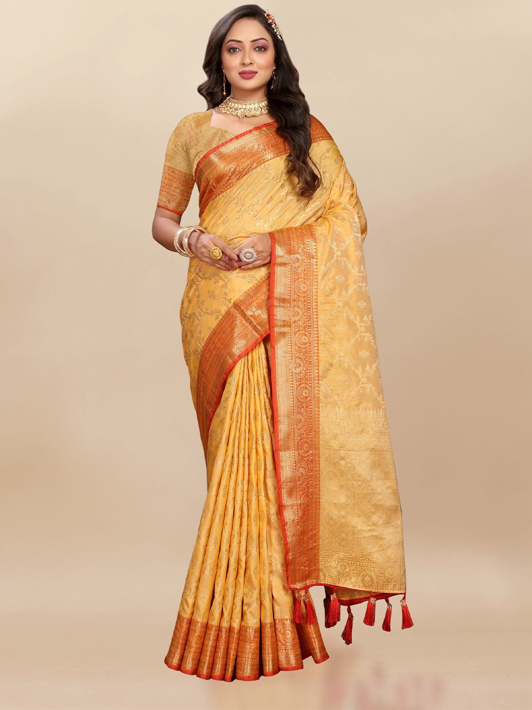 

Divyadham Textiles Woven Design Zari Pure Silk Banarasi Saree, Yellow
