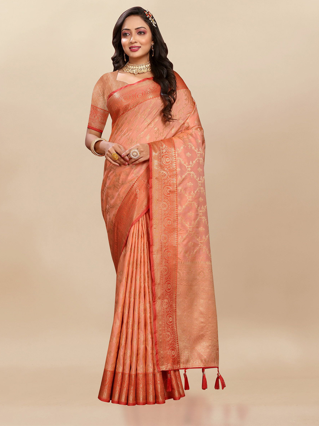 

Divyadham Textiles Woven Design Zari Pure Silk Banarasi Saree, Peach