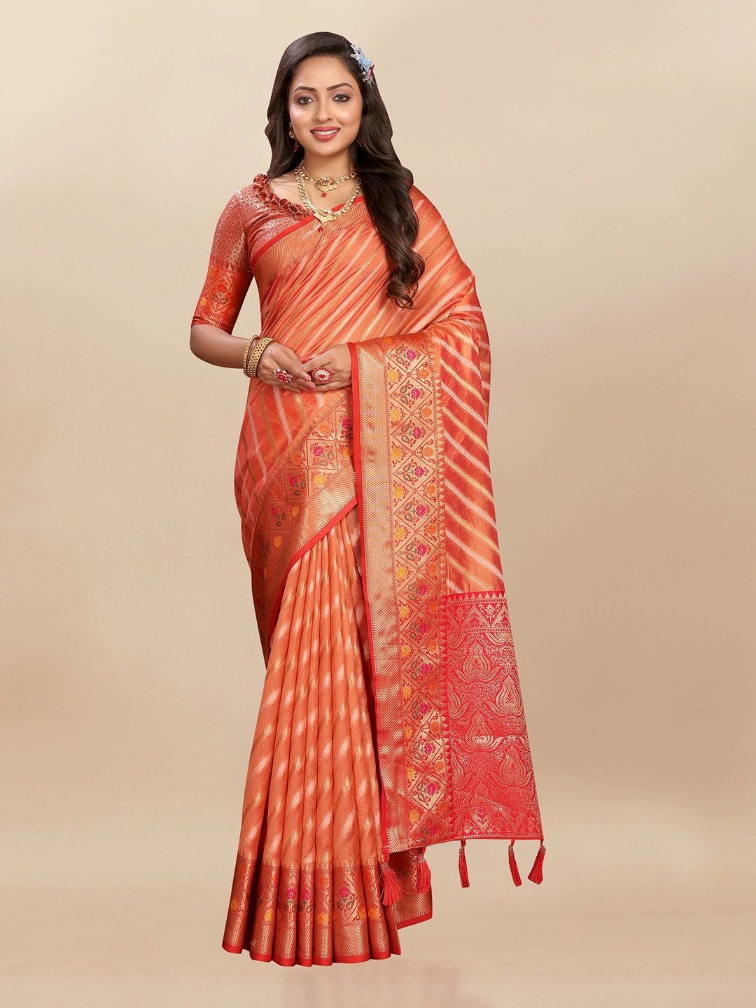 Divyadham Textiles Woven Design Zari Organza Banarasi Saree, Orange