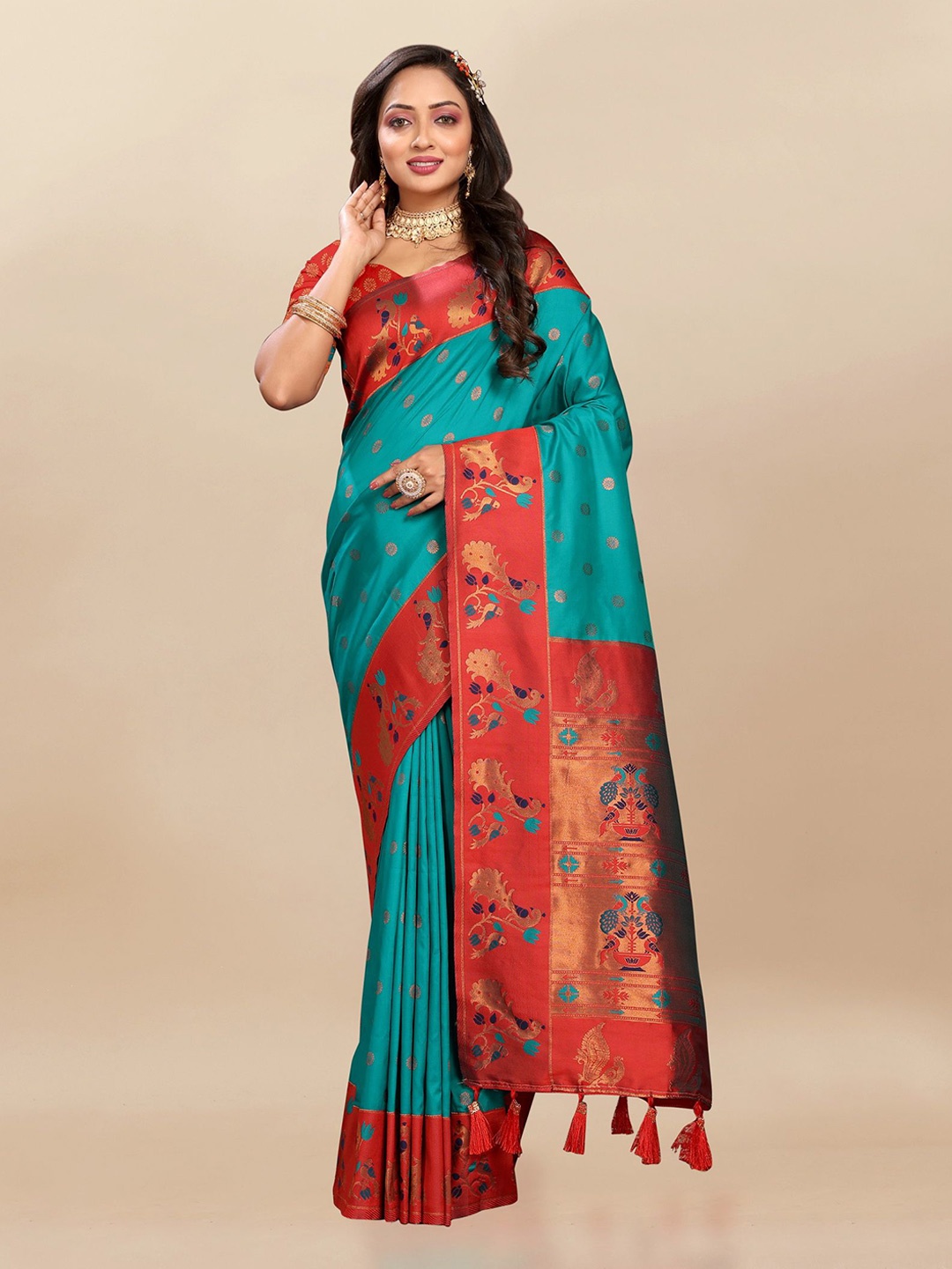 Divyadham Textiles Woven Design Zari Pure Silk Paithani Saree, Turquoise blue