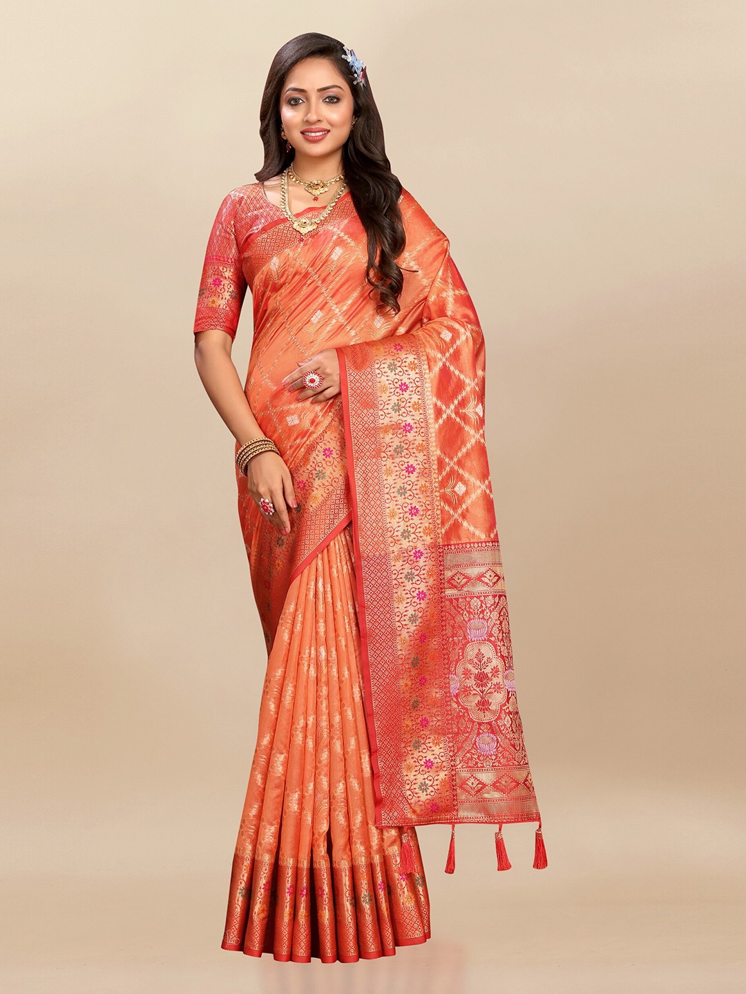 

Divyadham Textiles Woven Design Zari Organza Banarasi Saree, Orange