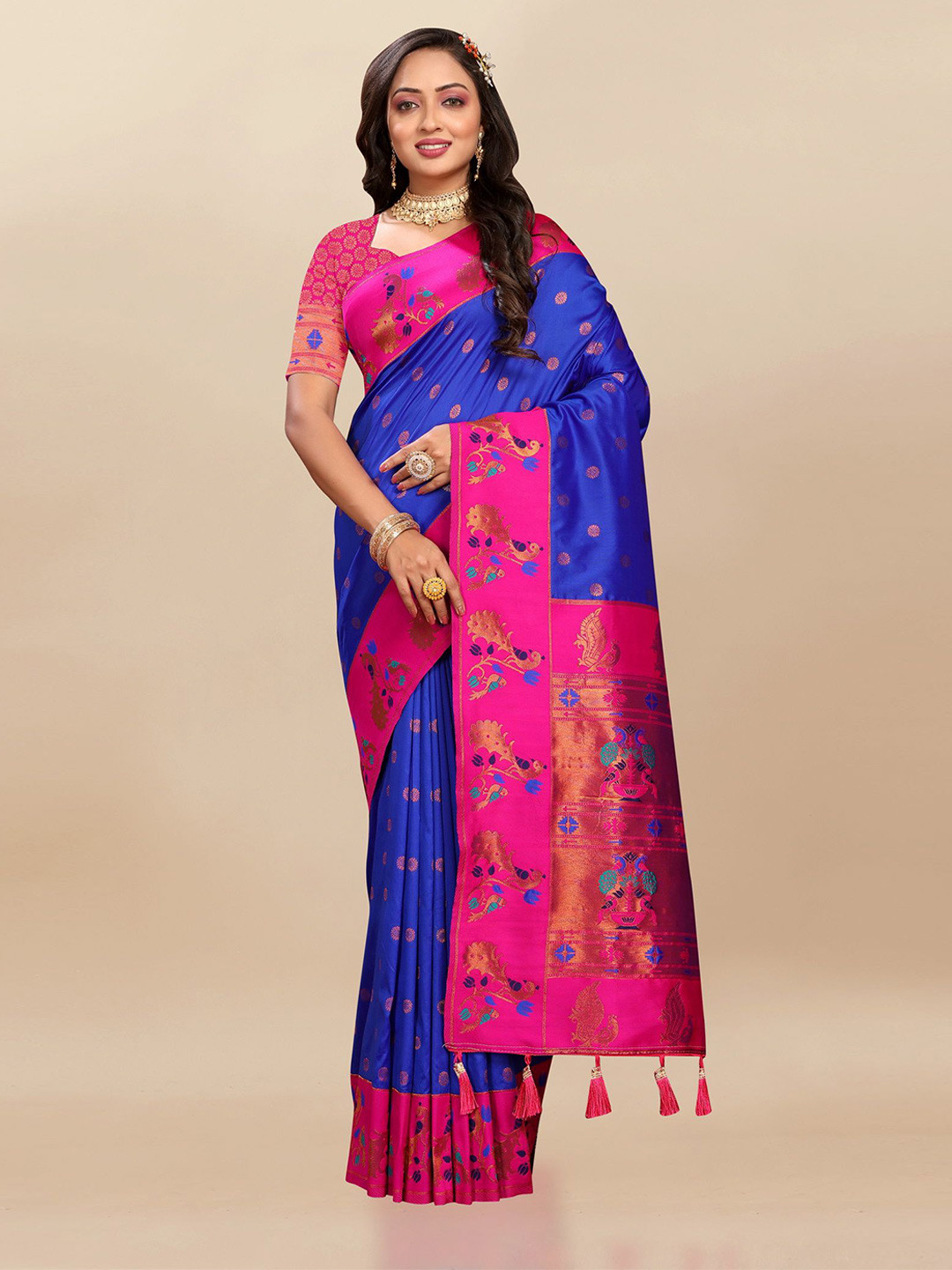 

Divyadham Textiles Woven Design Zari Pure Silk Paithani Saree, Blue