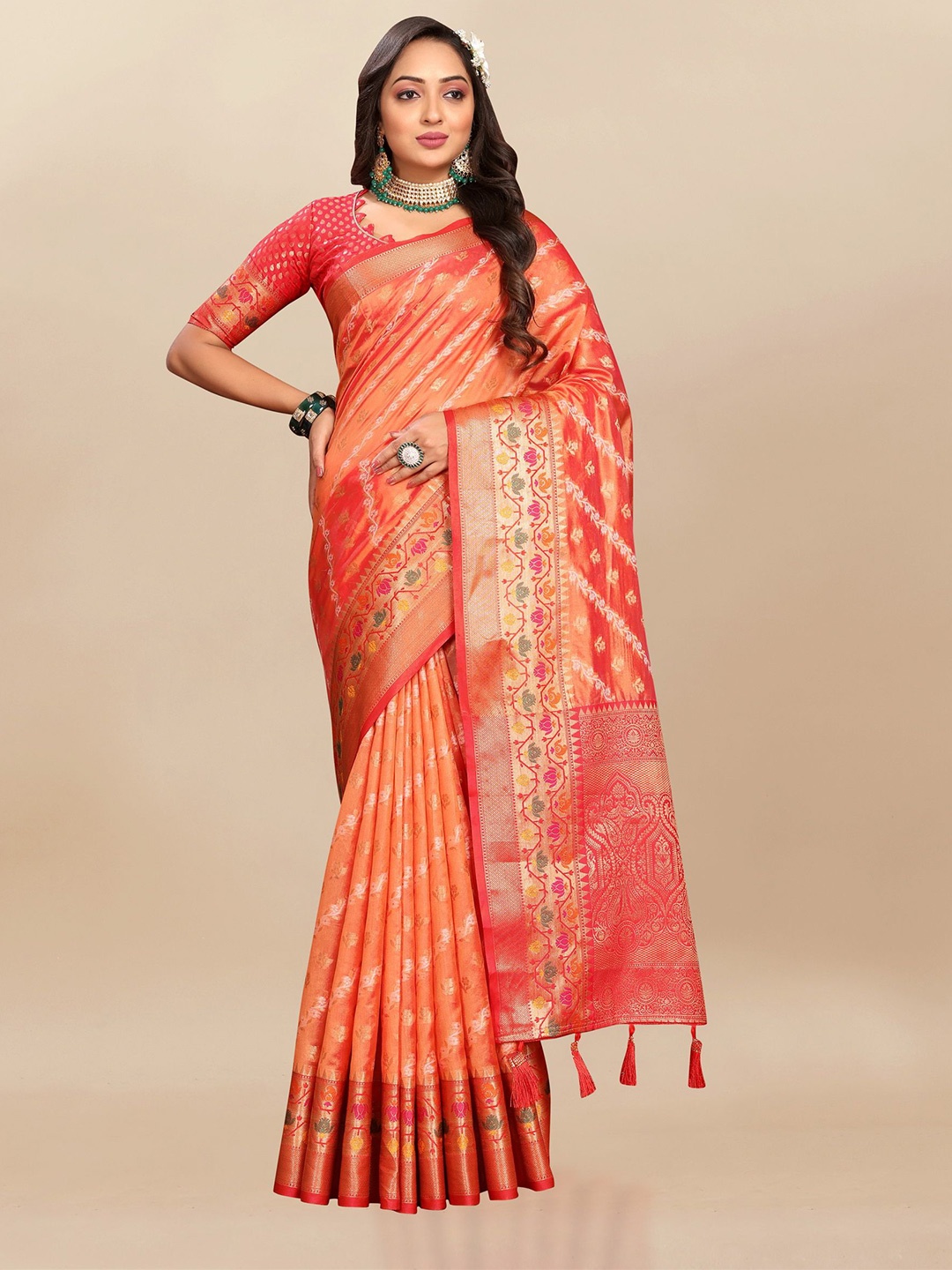 

Divyadham Textiles Woven Design Zari Organza Banarasi Saree, Orange