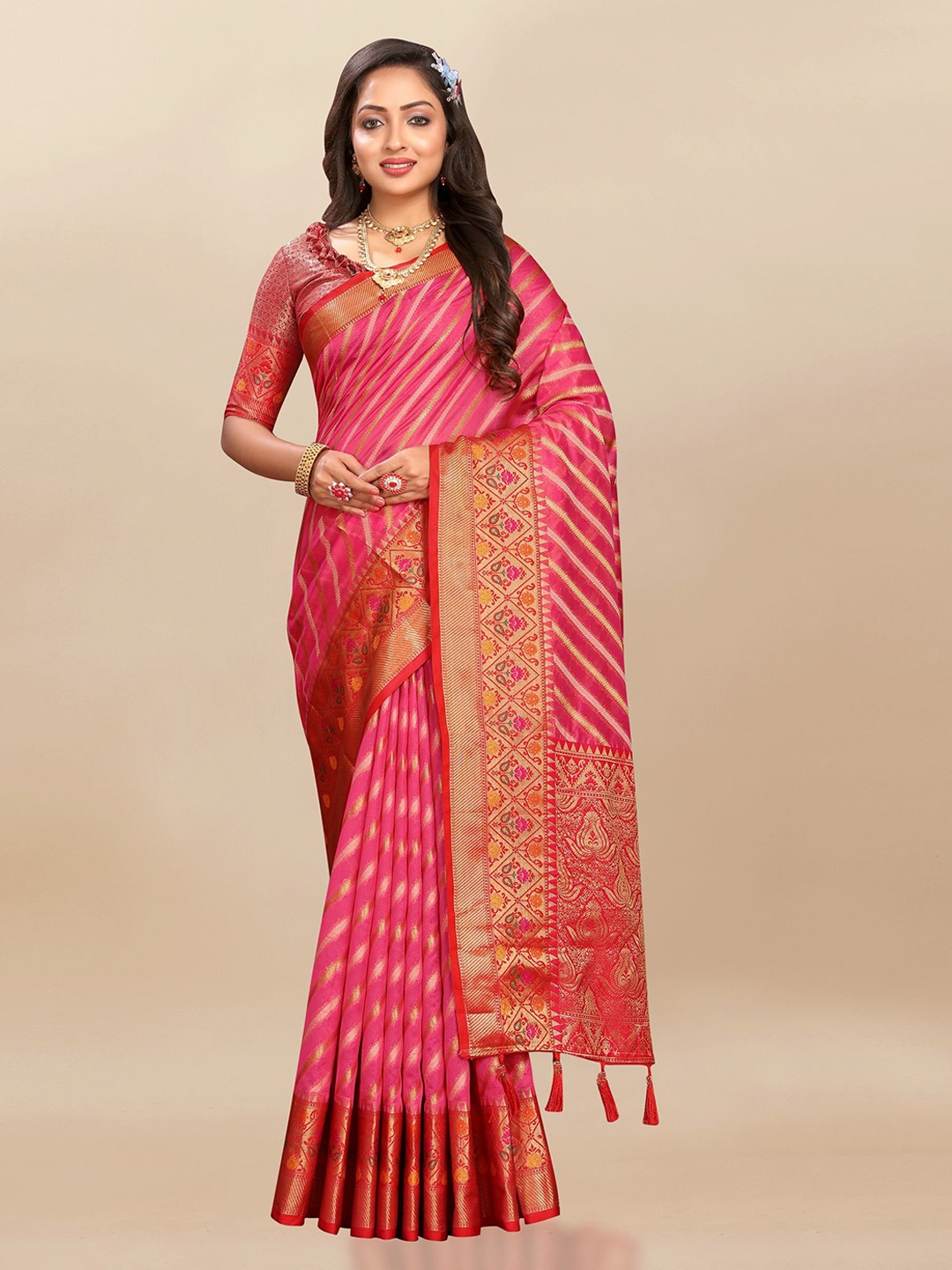 

Divyadham Textiles Woven Design Zari Organza Banarasi Saree, Coral