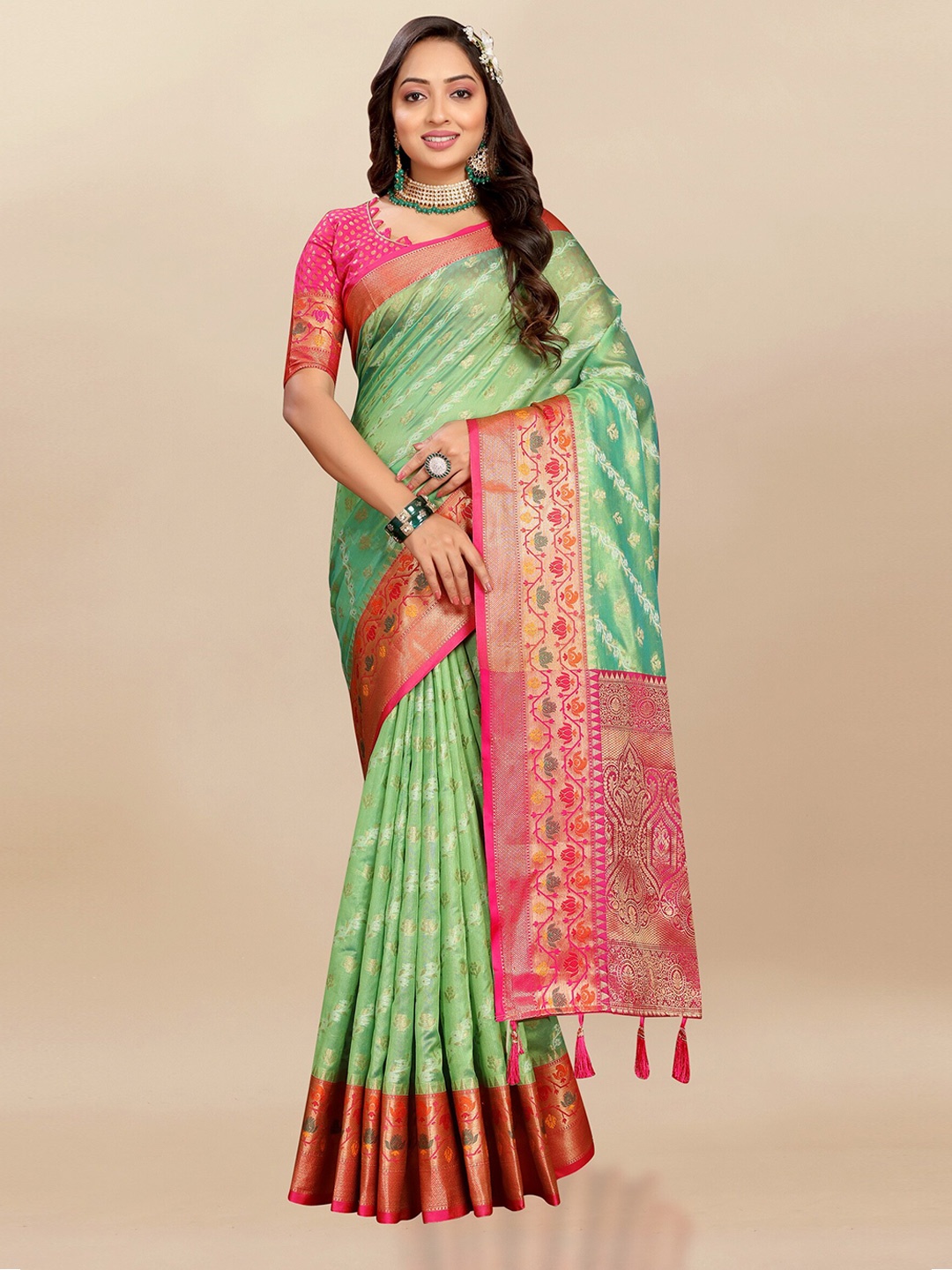 Divyadham Textiles Woven Design Zari Organza Banarasi Saree, Sea green