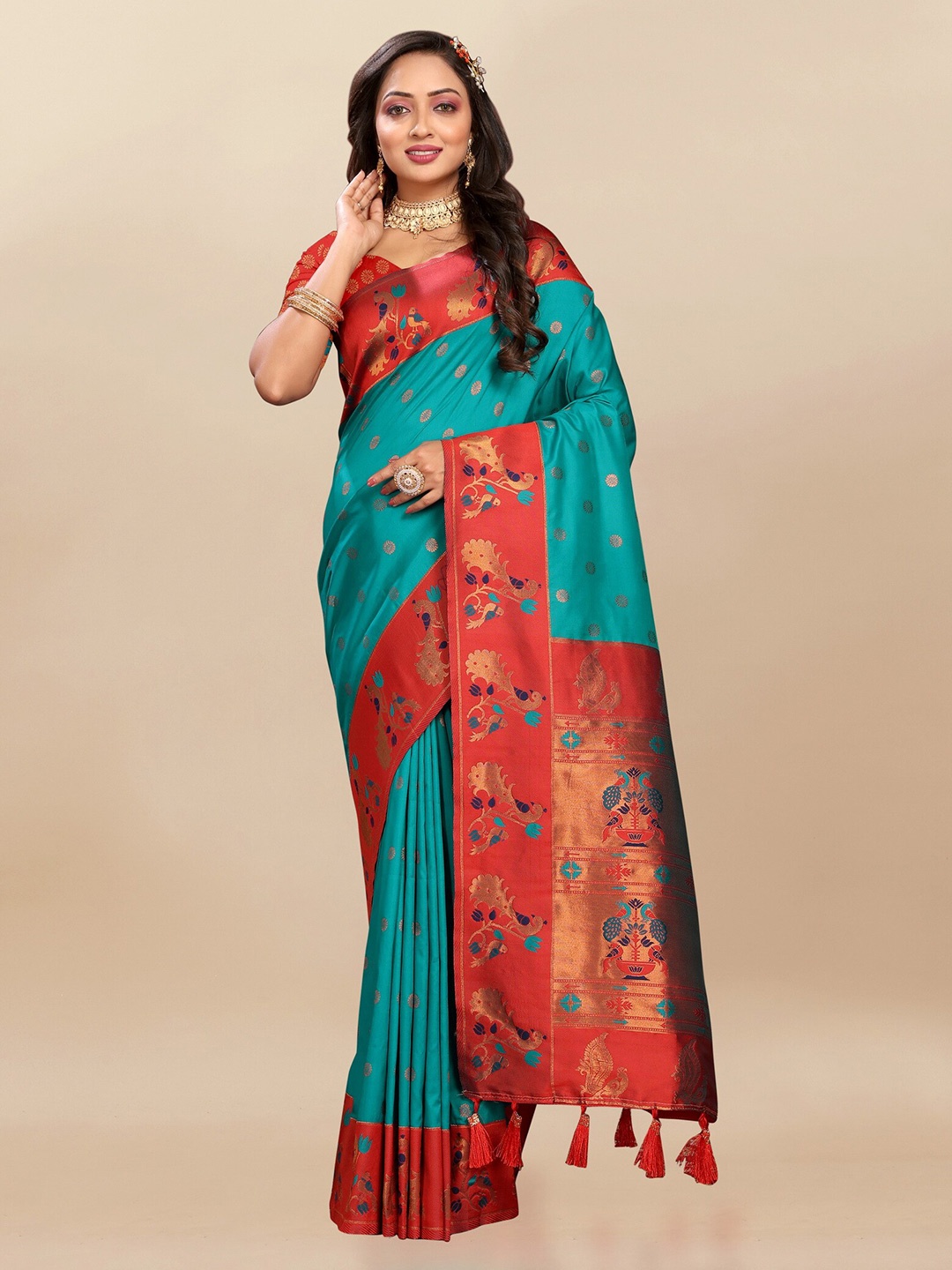 

Divyadham Textiles Woven Design Zari Pure Silk Paithani Saree, Turquoise blue