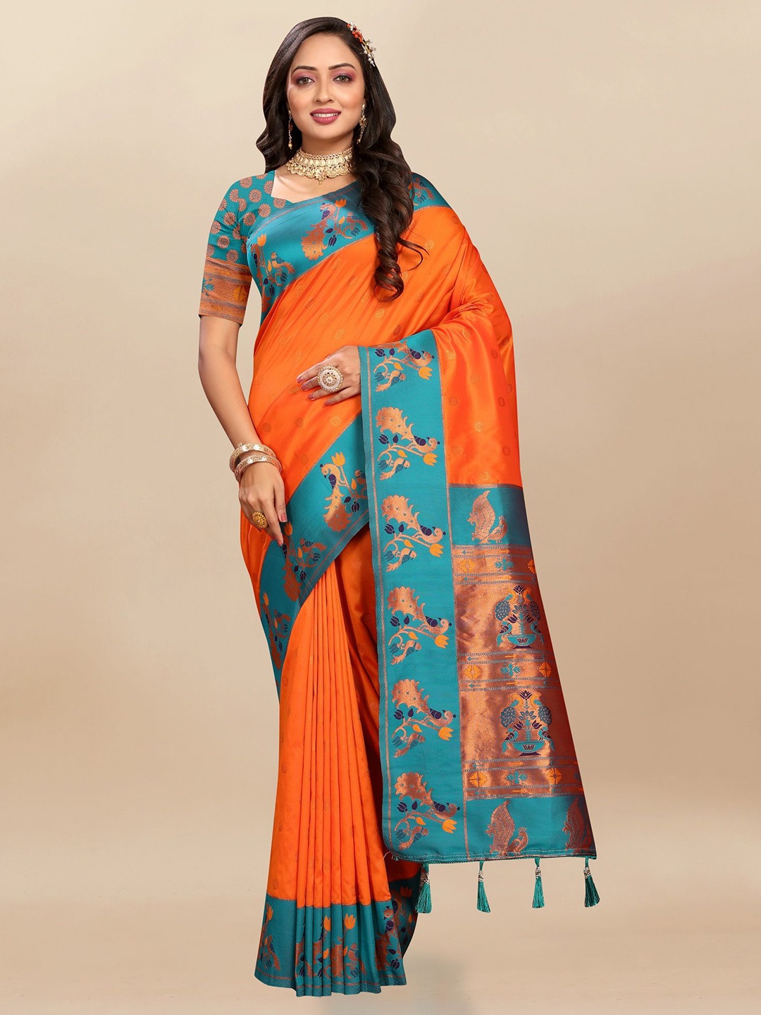 Divyadham Textiles Woven Design Zari Pure Silk Paithani Saree, Orange